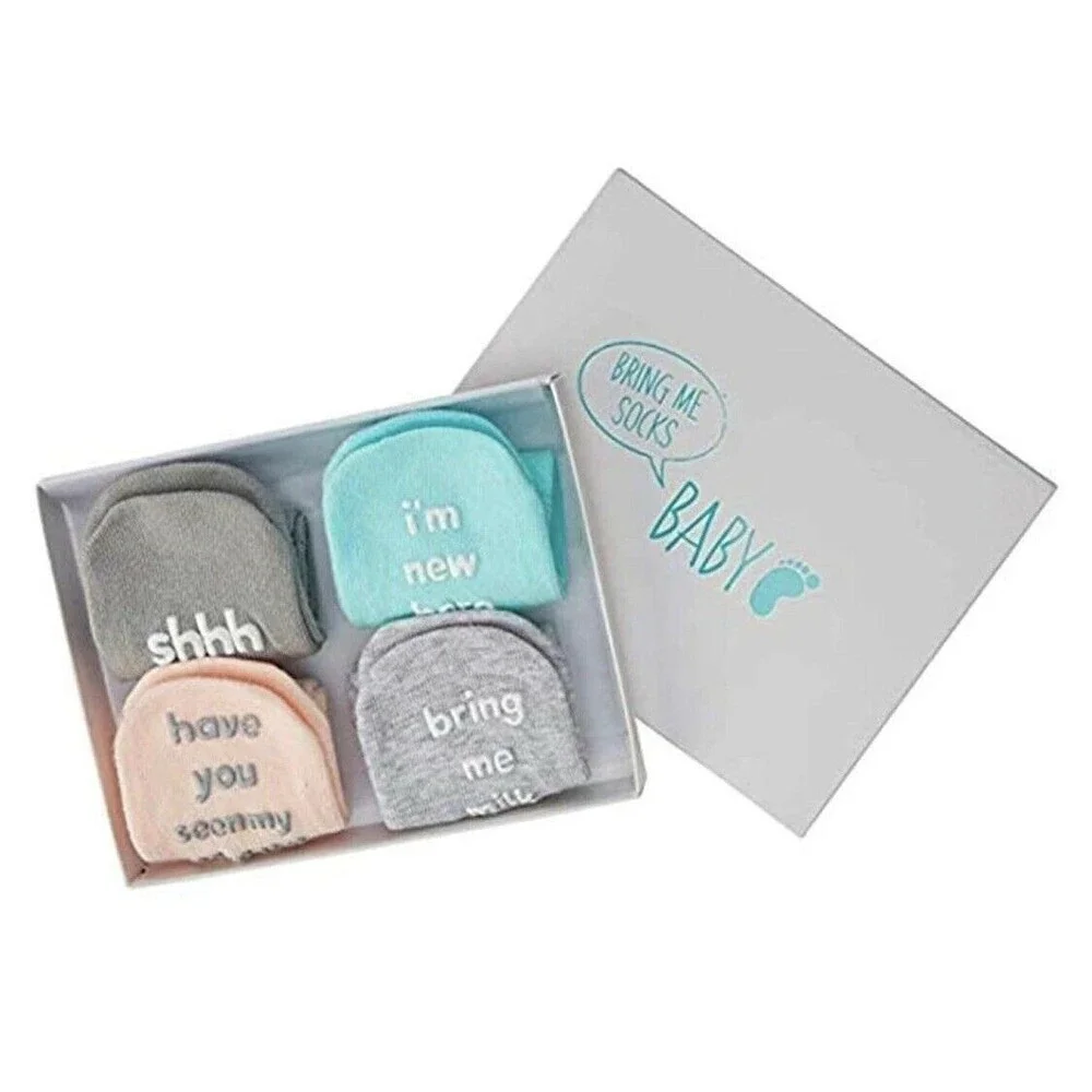 Baby Socks Gift Box Set 4 PAIR Unique Baby Shower Newborn Present Cute Quotes